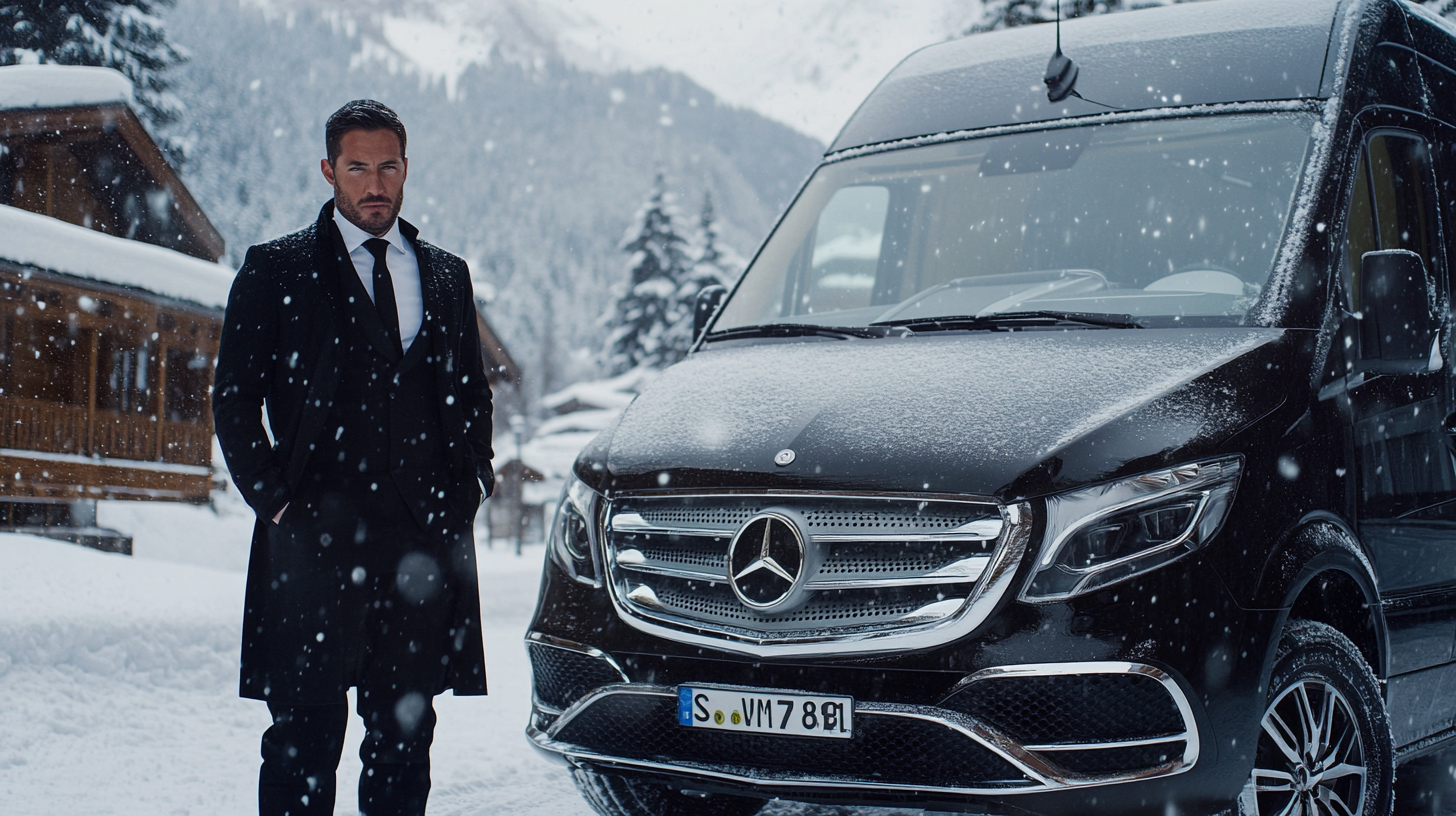 A driver in black suit waits by Mercedes van