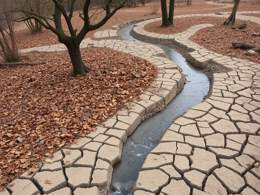 A dry land with leaves, tree, and stream.