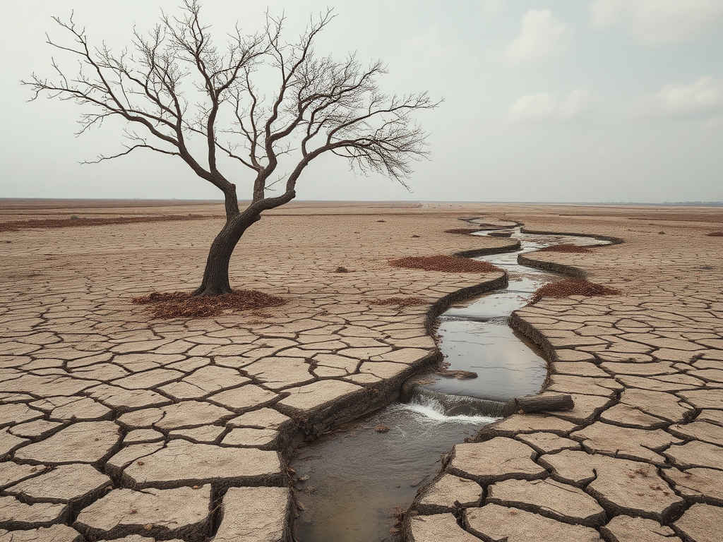 A dry land with leaves and dried tree.