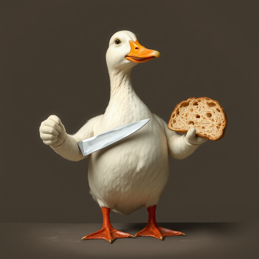 A duck with a knife requests bread.