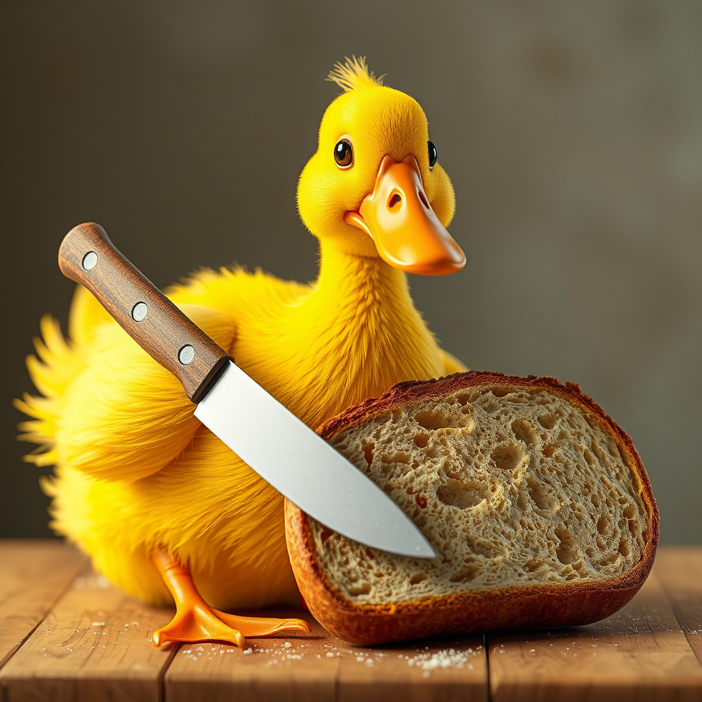 A duck with knife holding bread in kitchen.