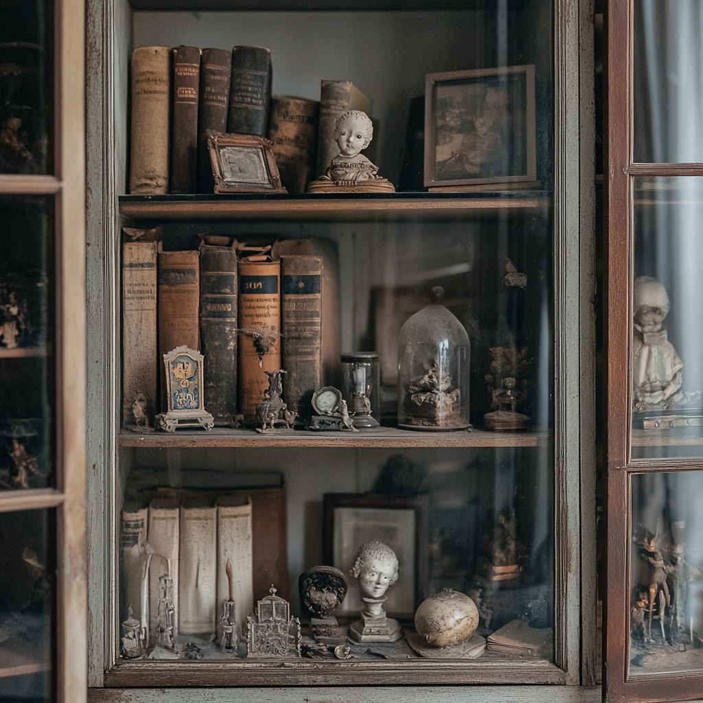 A dusty glass cabinet in the basement.