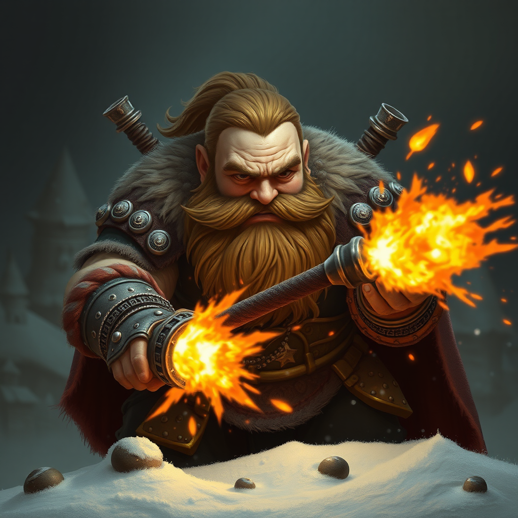 A dwarf fighter with a brown beard holding explosives.