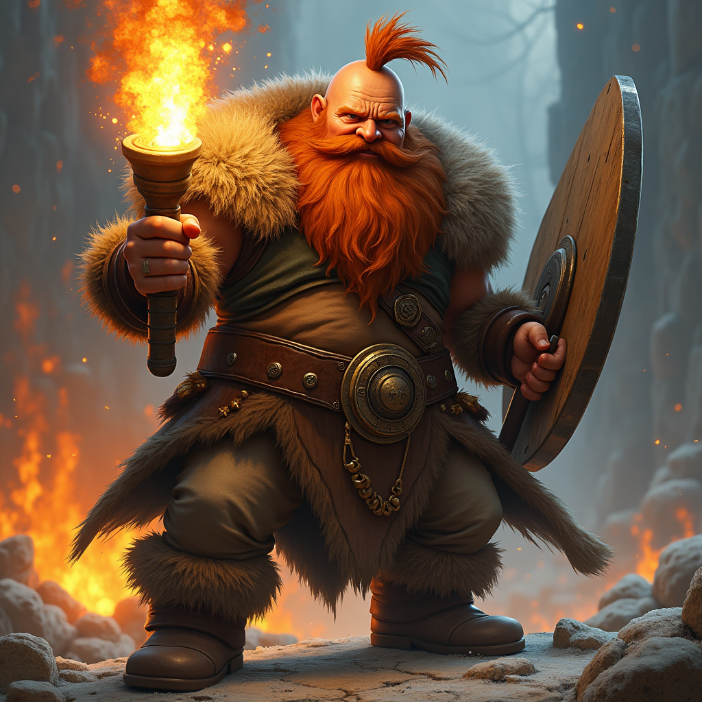 A dwarf fighter with brown beard holding explosives.