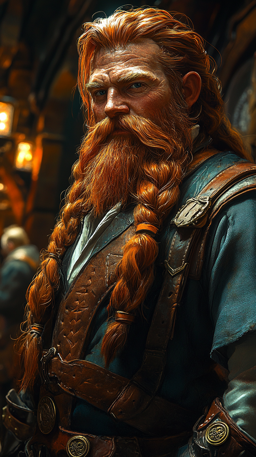 A dwarf tavern keeper with red beard and shirt.