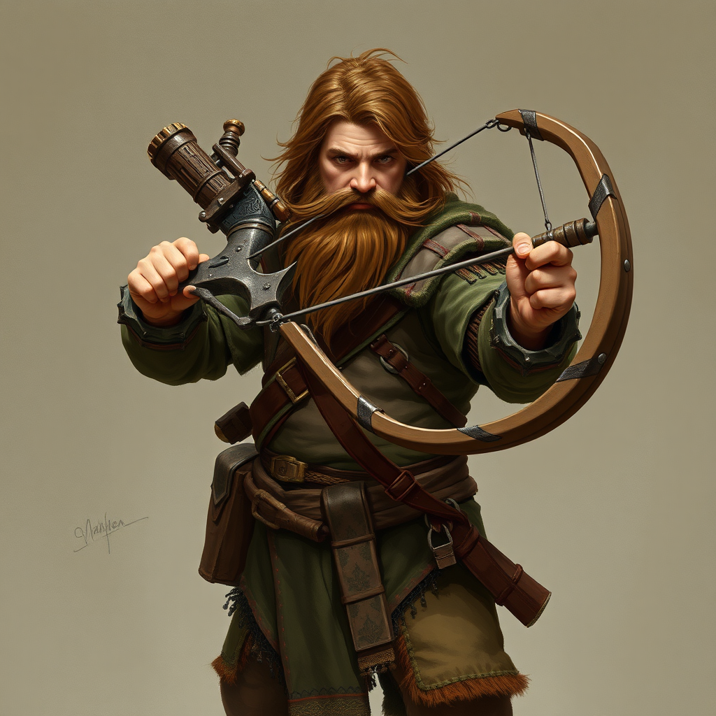 A dwarf with brown hair holds a crossbow.