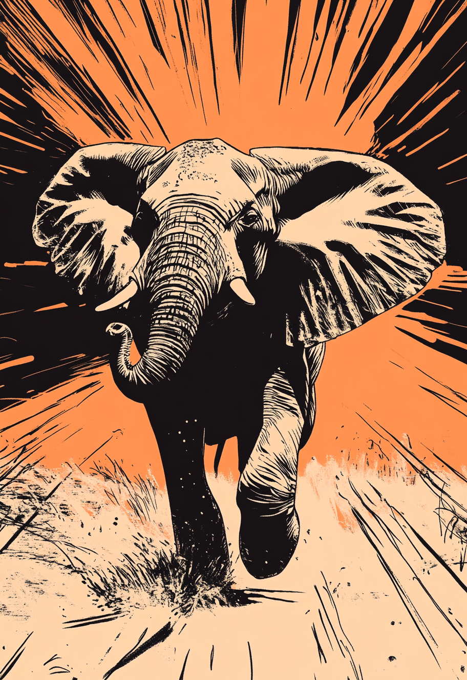 A elephant running on the savanna in sketch style.