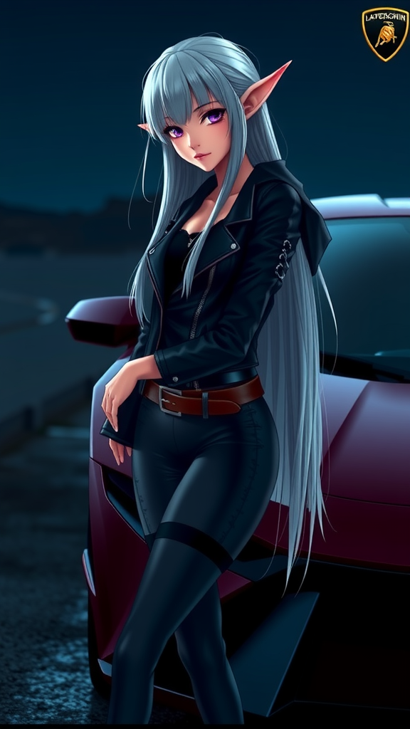 A elf girl with white hair near car.