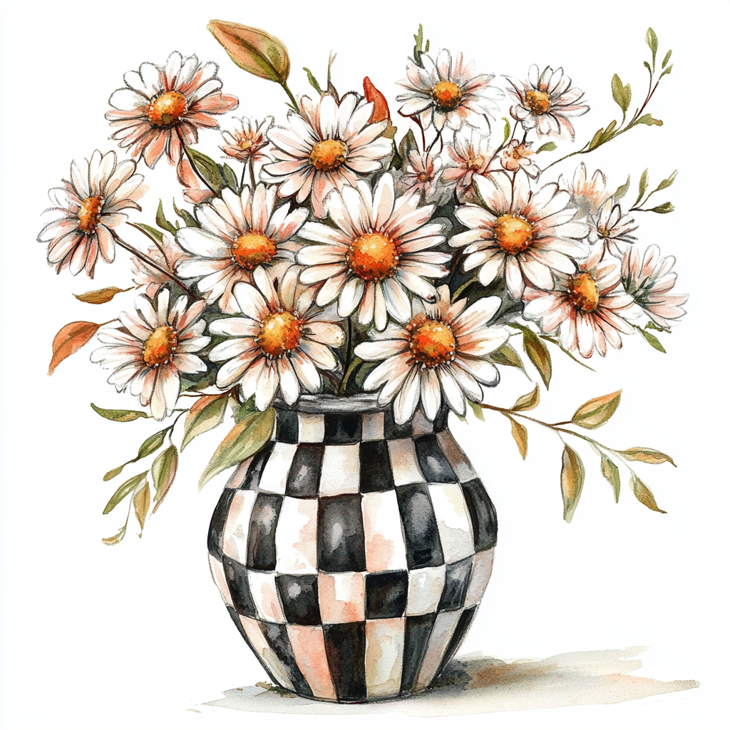 A fall bouquet of daisies in black and white.