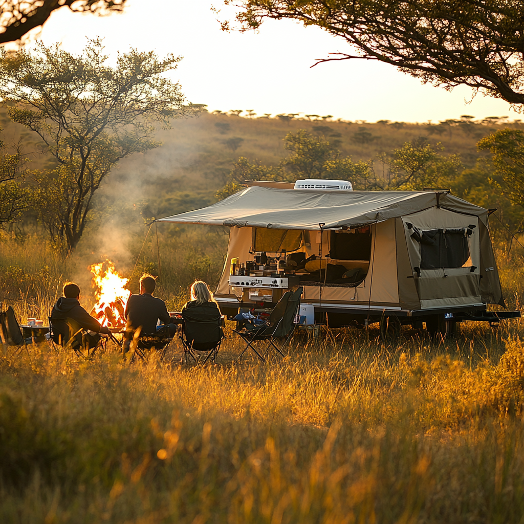 A family camping in decorated tent in bushveld