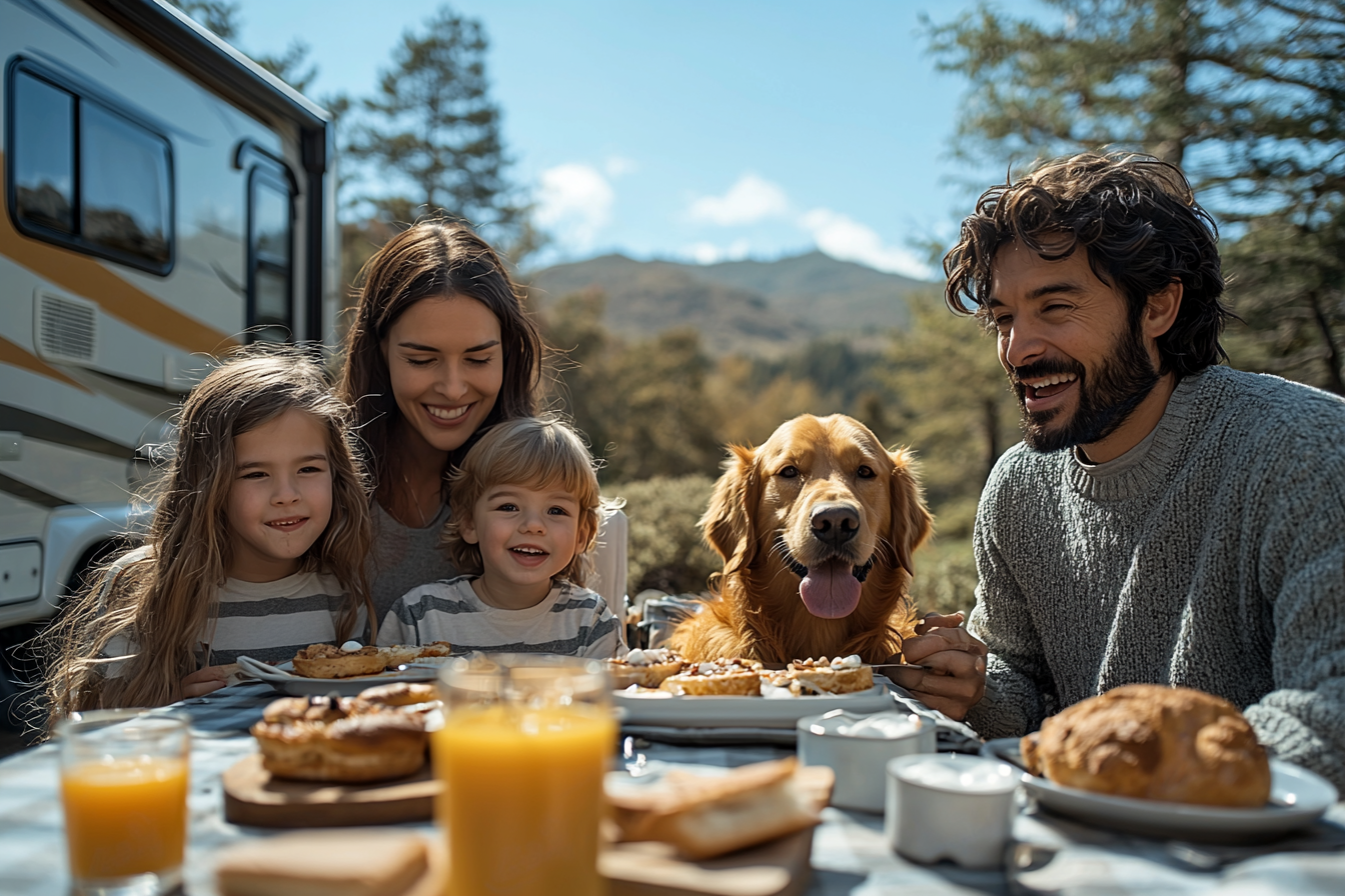 A family eating at breakfast near an RV