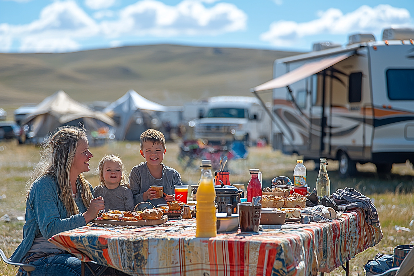 A family eating breakfast in front of RV.