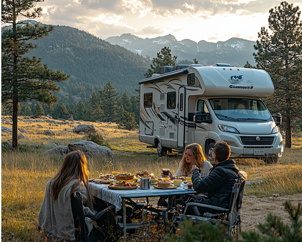 A family enjoying breakfast outside their RV.