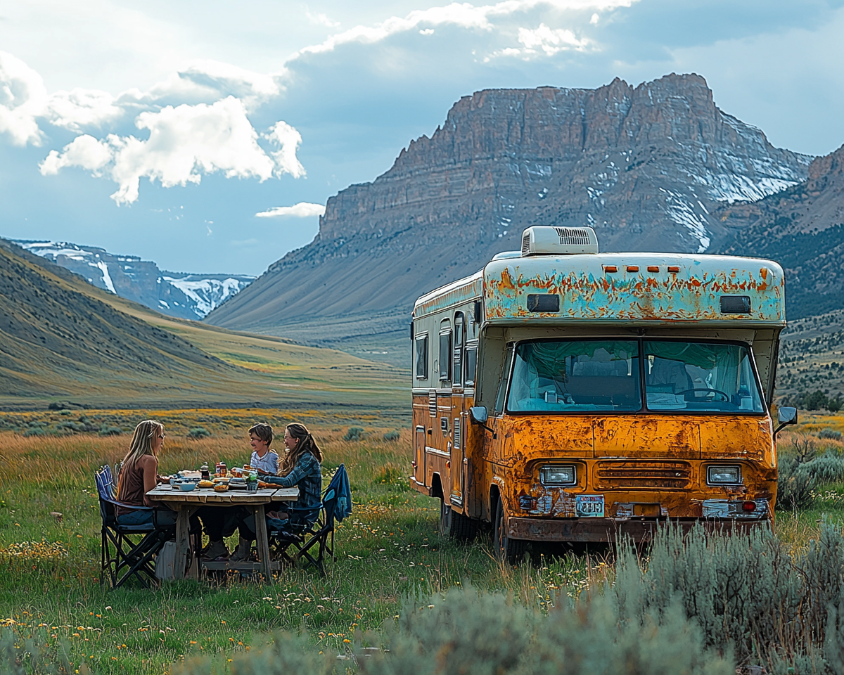 A family enjoys breakfast in front of RV.