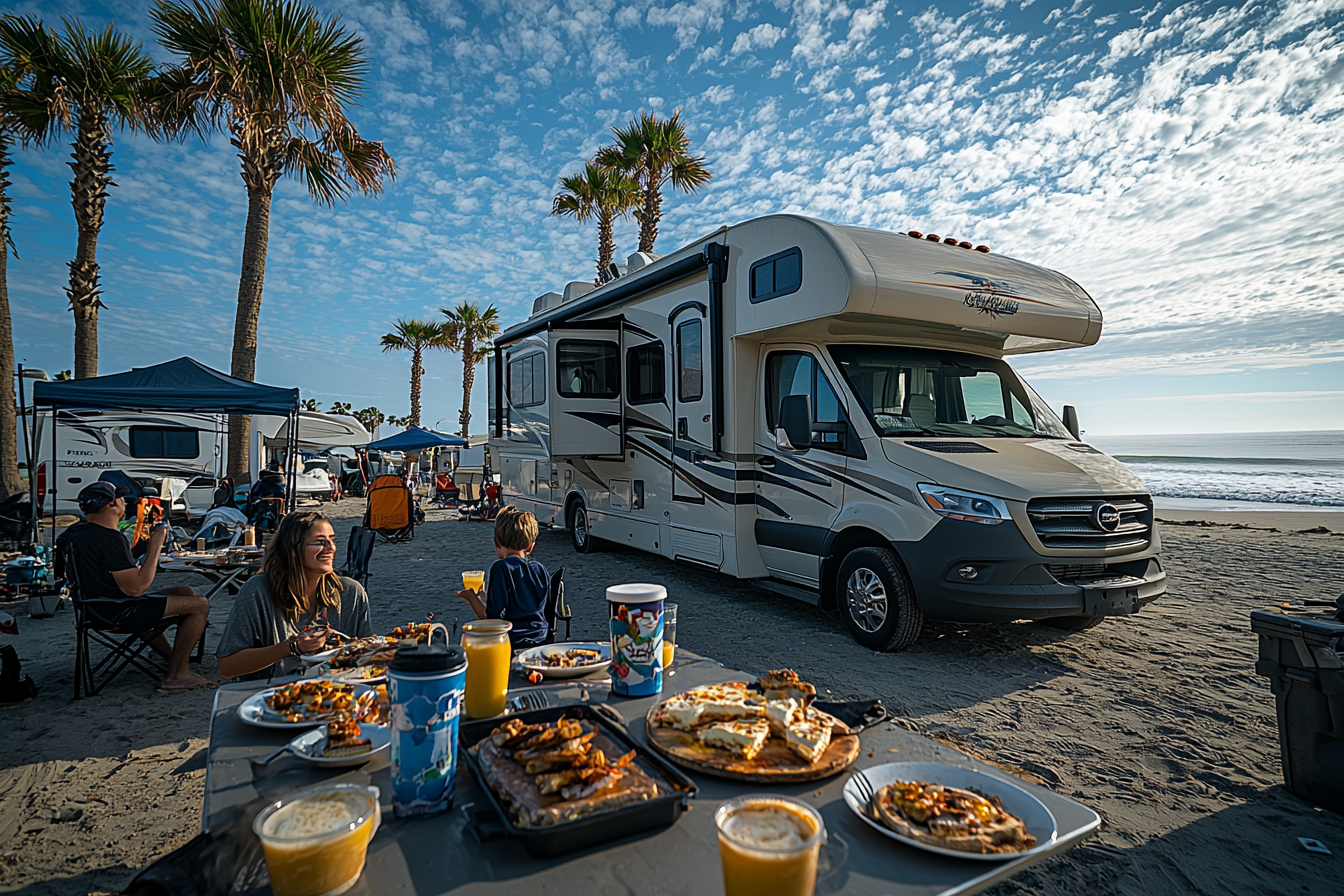 A family having breakfast in front of RV.