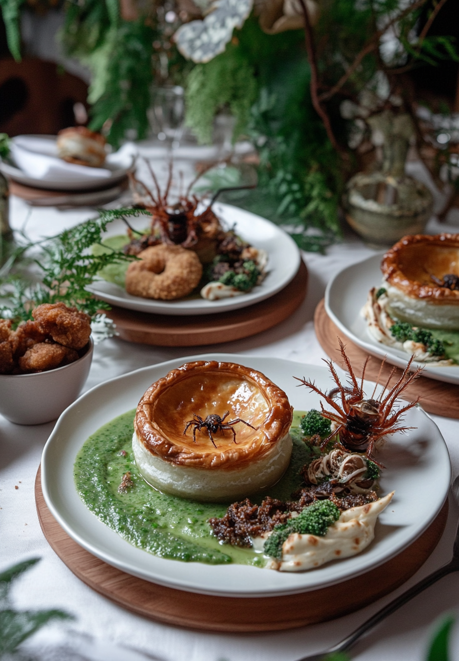 A fancy dinner table with spider pie.