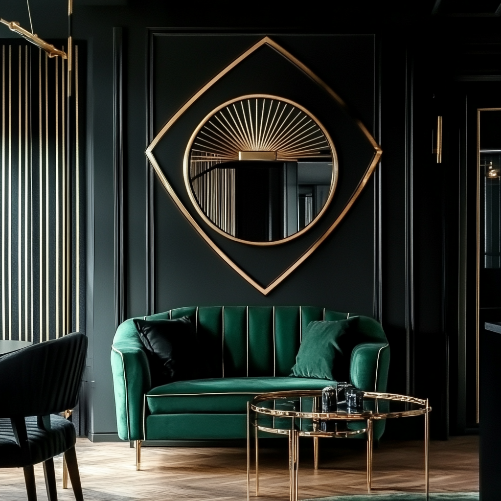 A fancy mirror blending Art Deco and Pinstripe