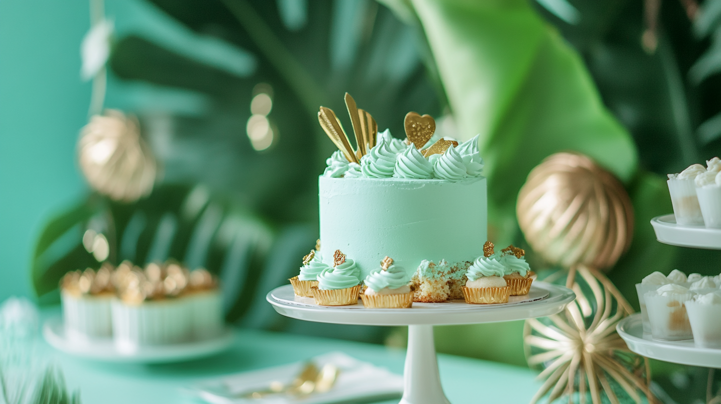 A fancy table with Tiffany green cakes and sweets.