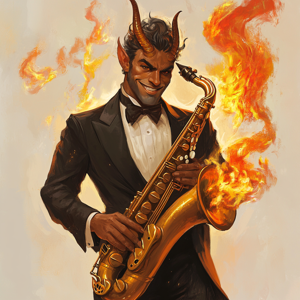 A fancy tiefling man with a flaming saxophone