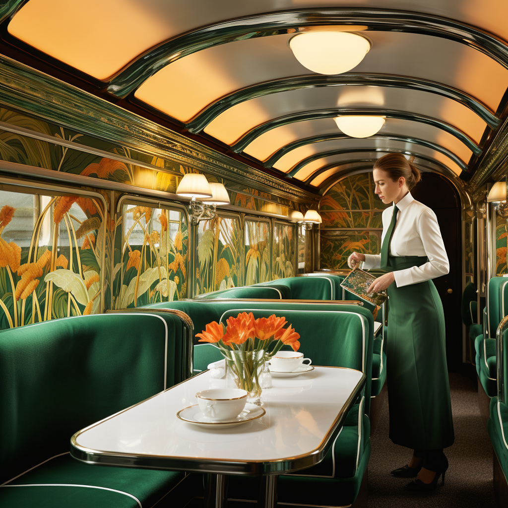 A fancy train with gold and green walls.