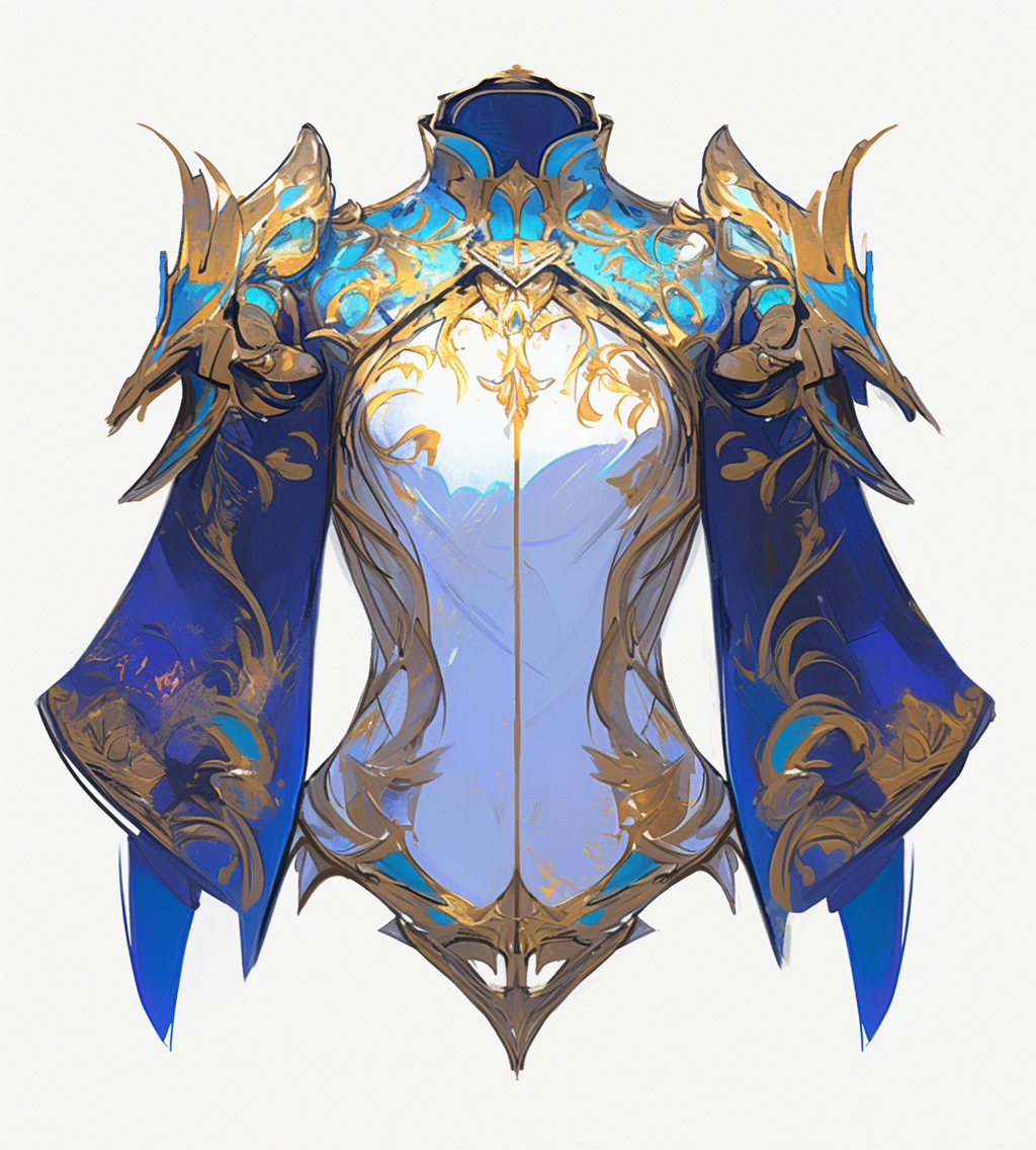 A fantasy chestplate with blue and gold, detailed digital art.