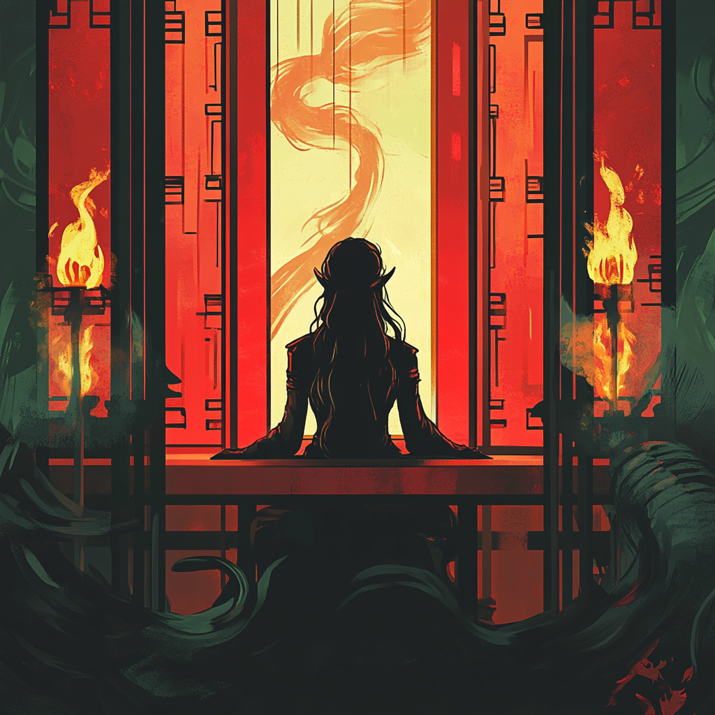 A fantasy illustration of an Asian woman in silhouette.