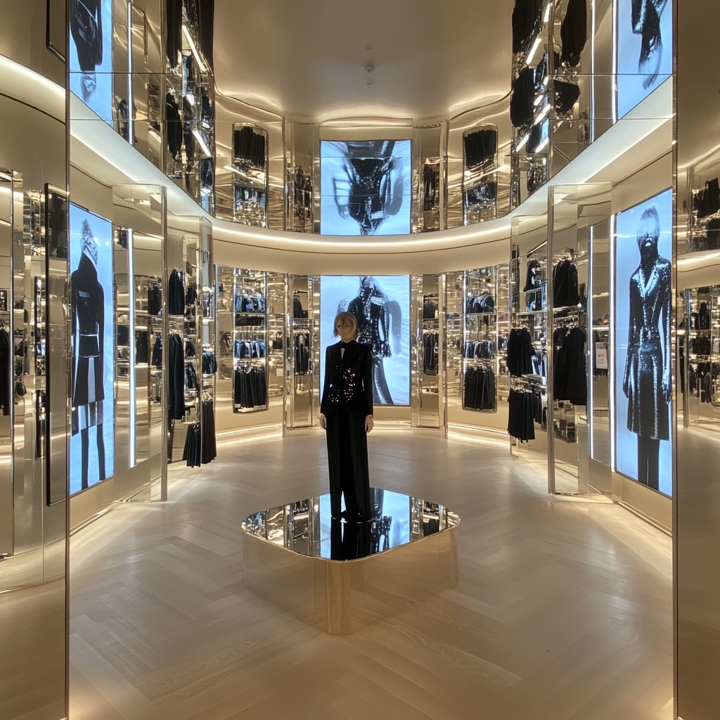 A fashion store with changing screen model display.