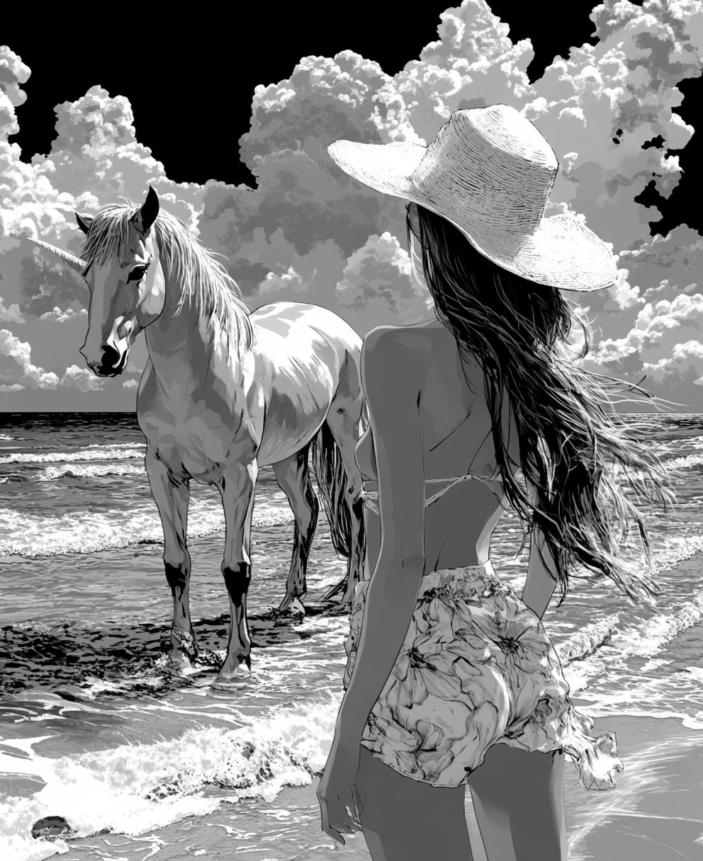 A fashionable girl and man with unicorn at beach.