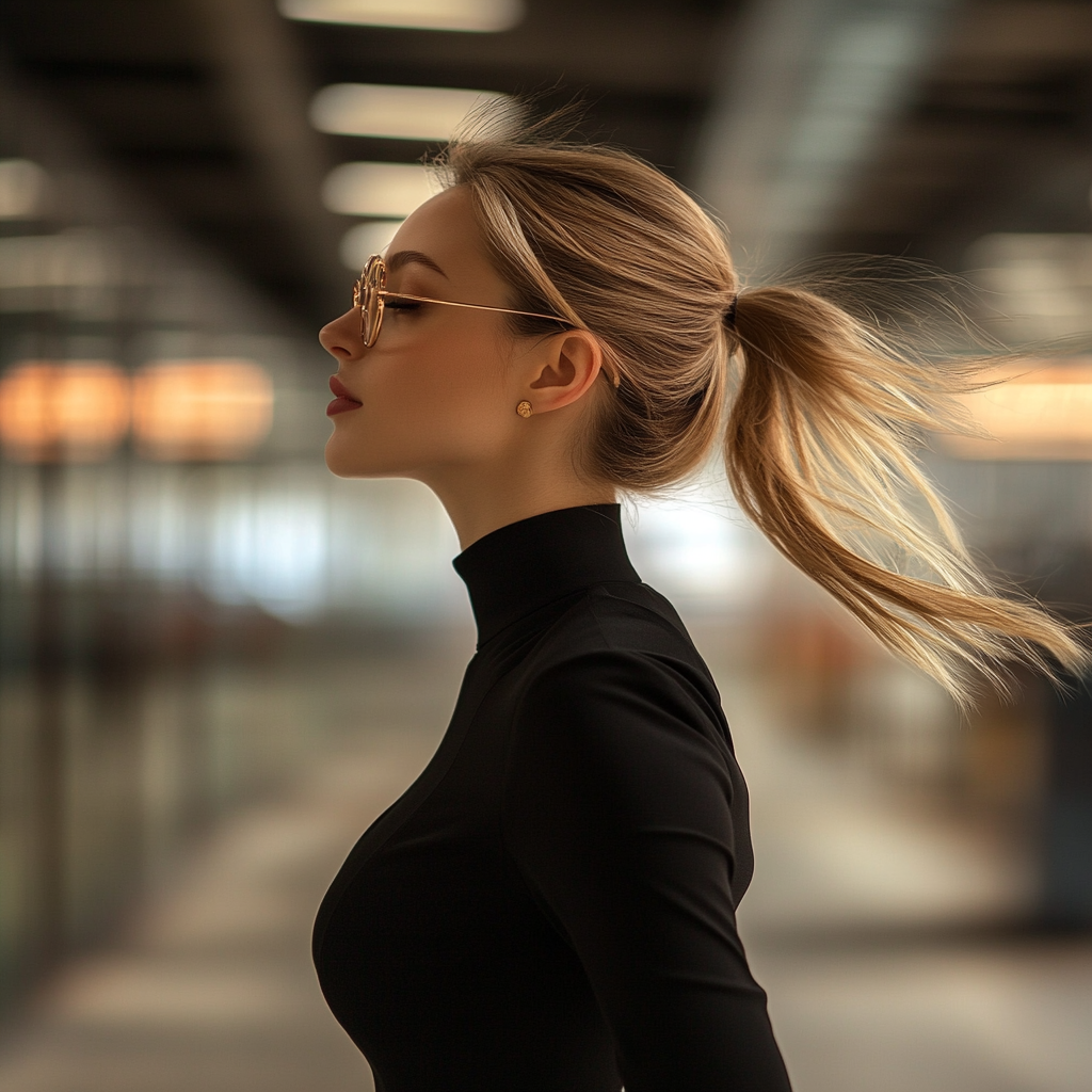 A fashionable woman rush to work, harming health.