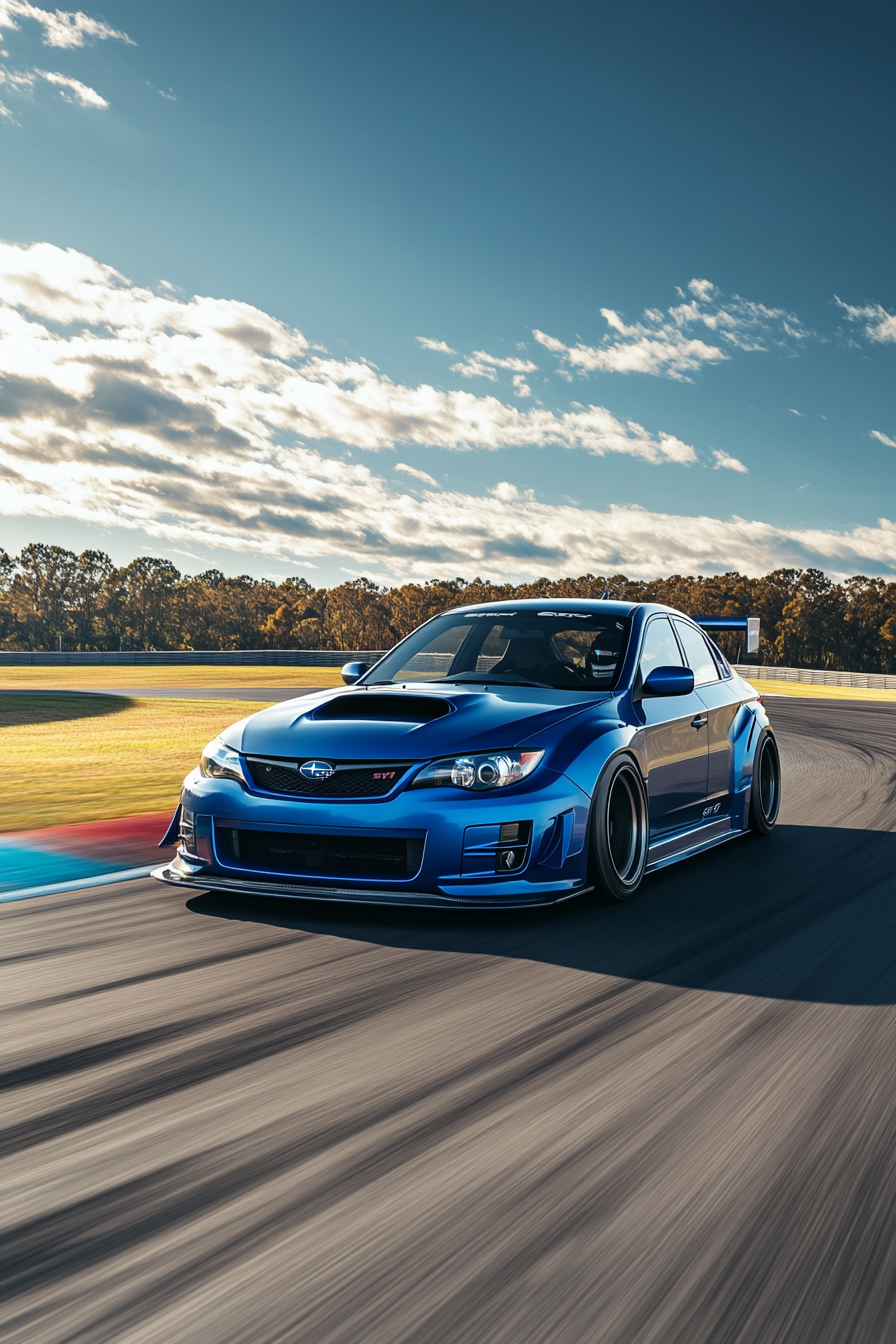 A fast Subaru racing on a racetrack.