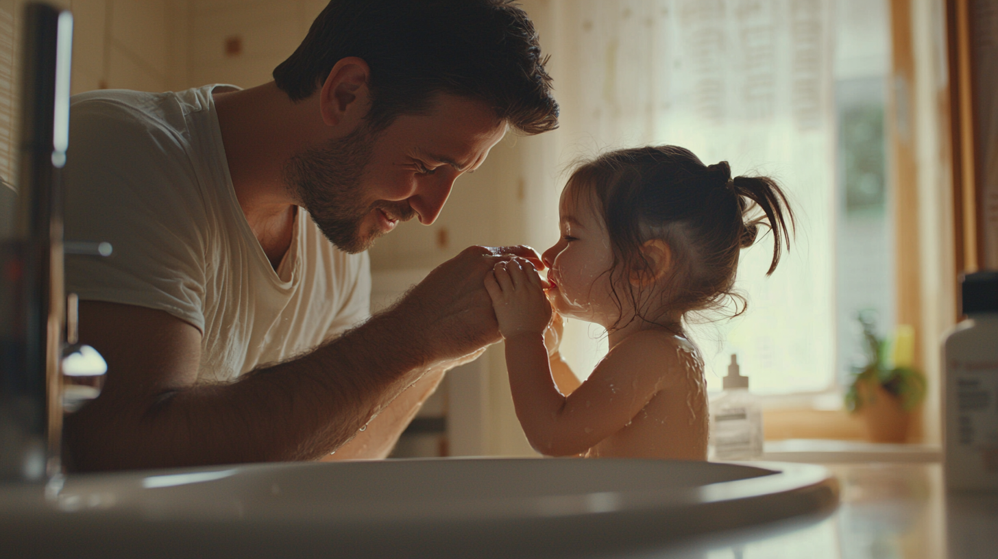 A father comforting his daughter in bathroom