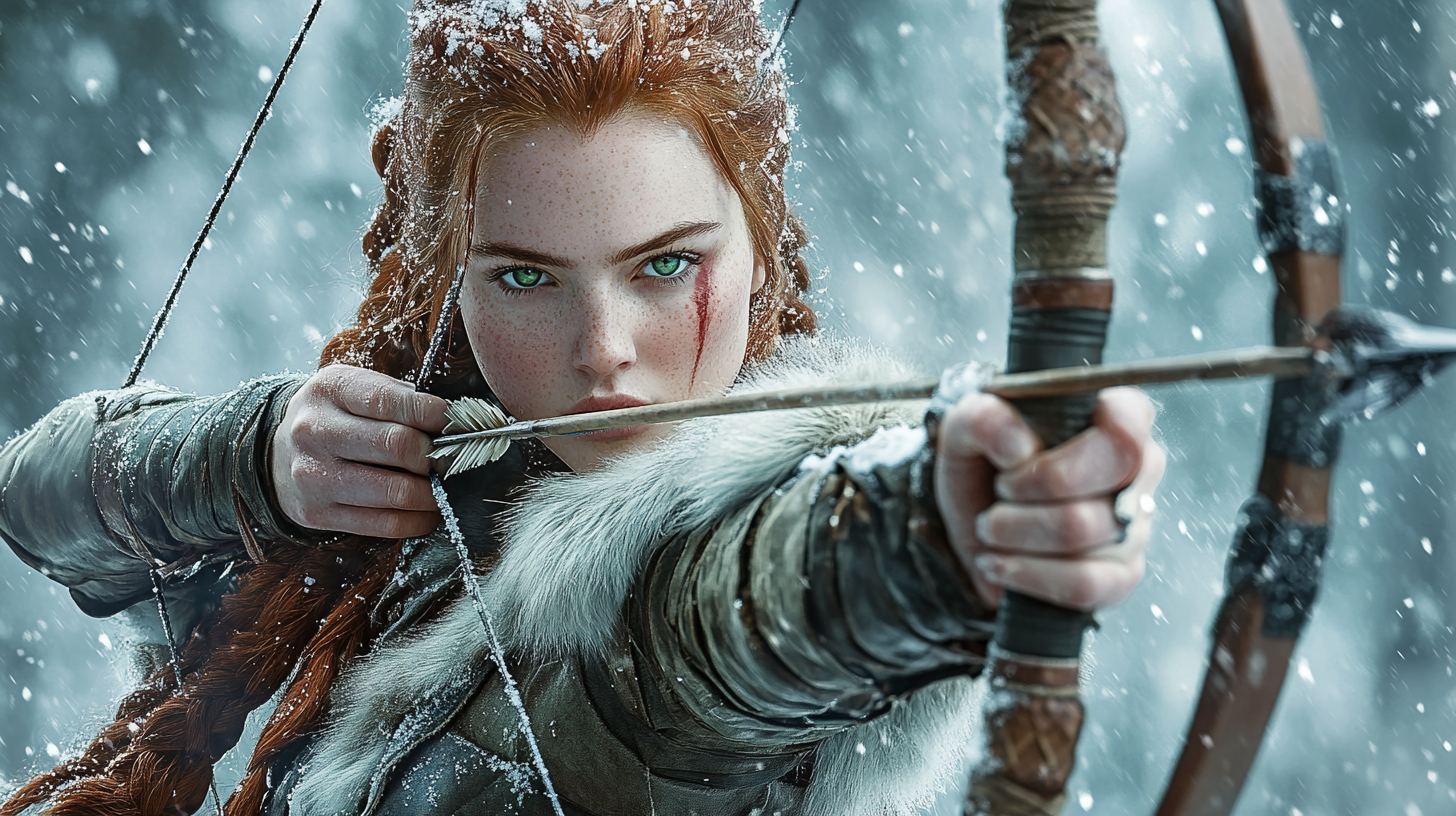 A female archer with red braids in snow