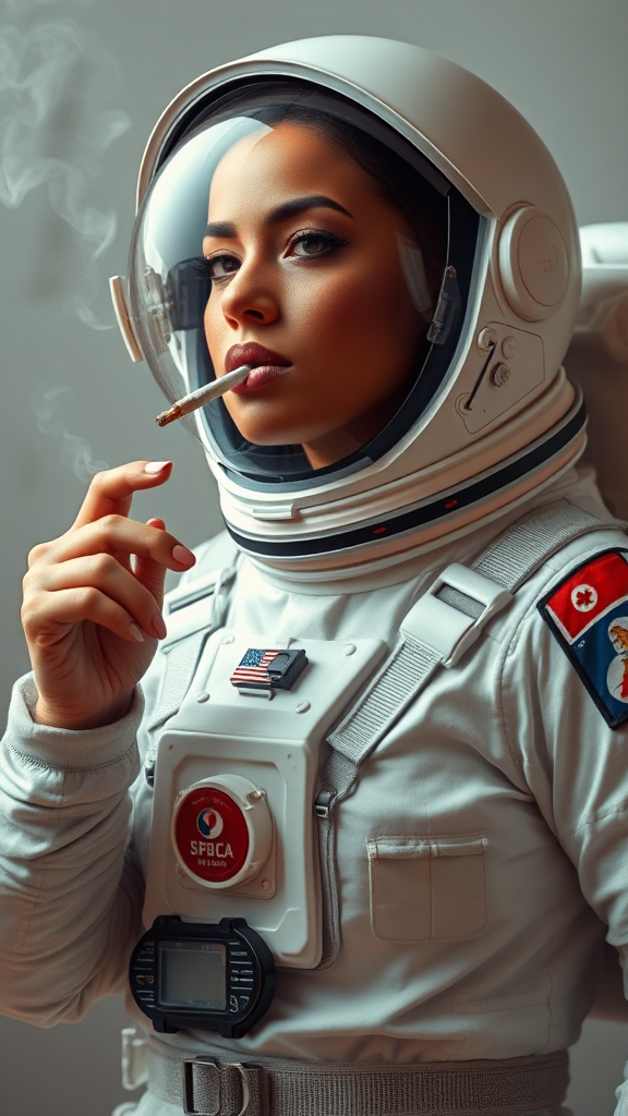 A female astronaut from Canada smoking in space.