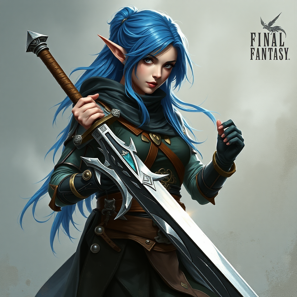 A female elf warrior wields a greatsword.