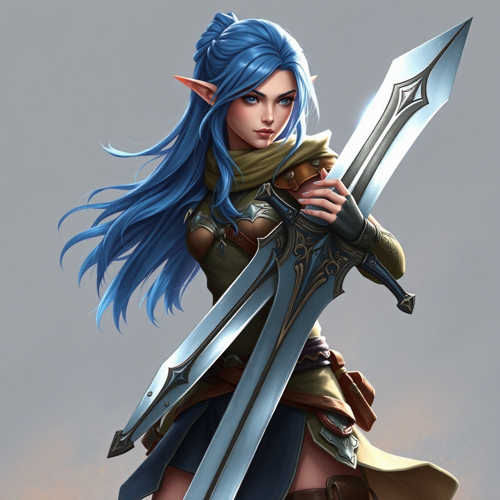 A female elf warrior with blue hair.