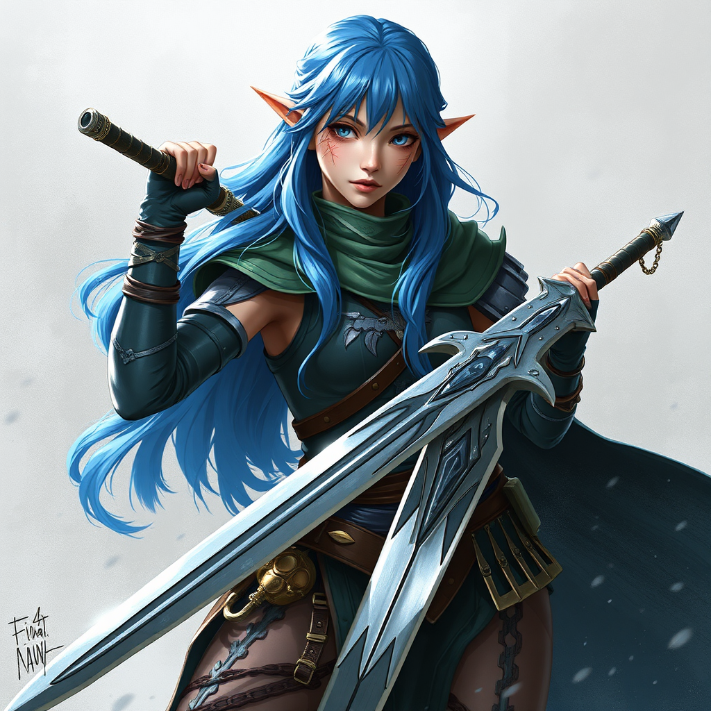 A female elf warrior with blue hair.