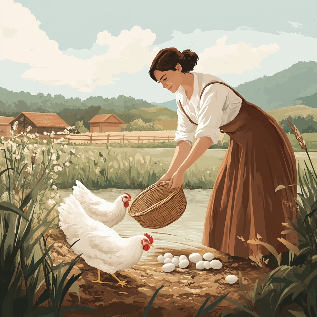 A female farmer collecting eggs from chickens in farm.