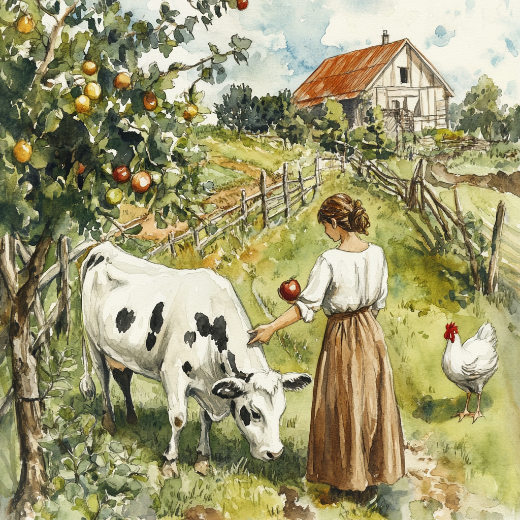 A female farmer milking cow and picking apple.