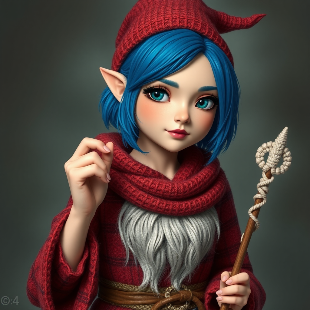 A female gnome wizard with short blue hair.