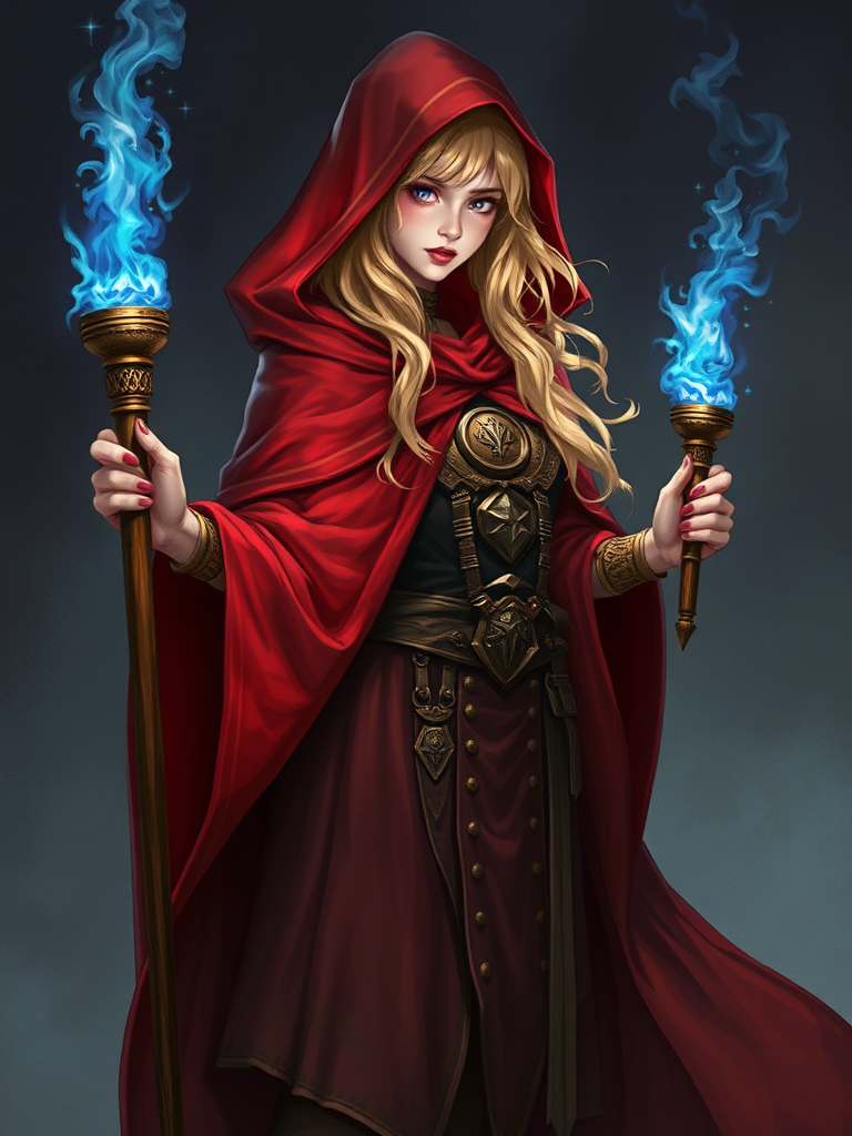 A female necromancer with blond hair holds torch.