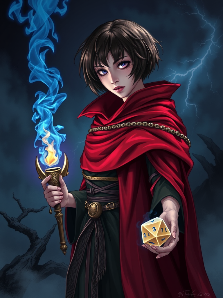 A female necromancer with blue fire torch and dice.