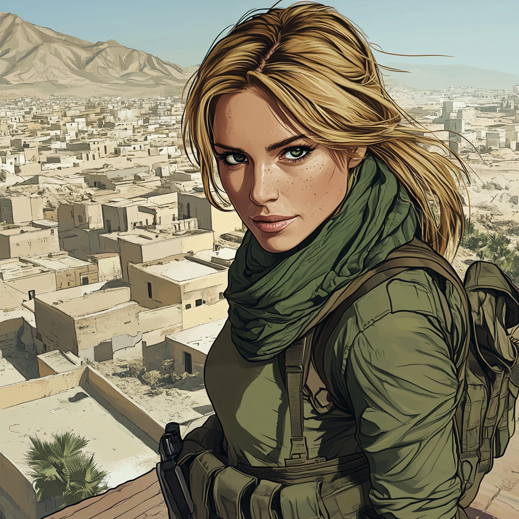 A female soldier in city landscape illustration.