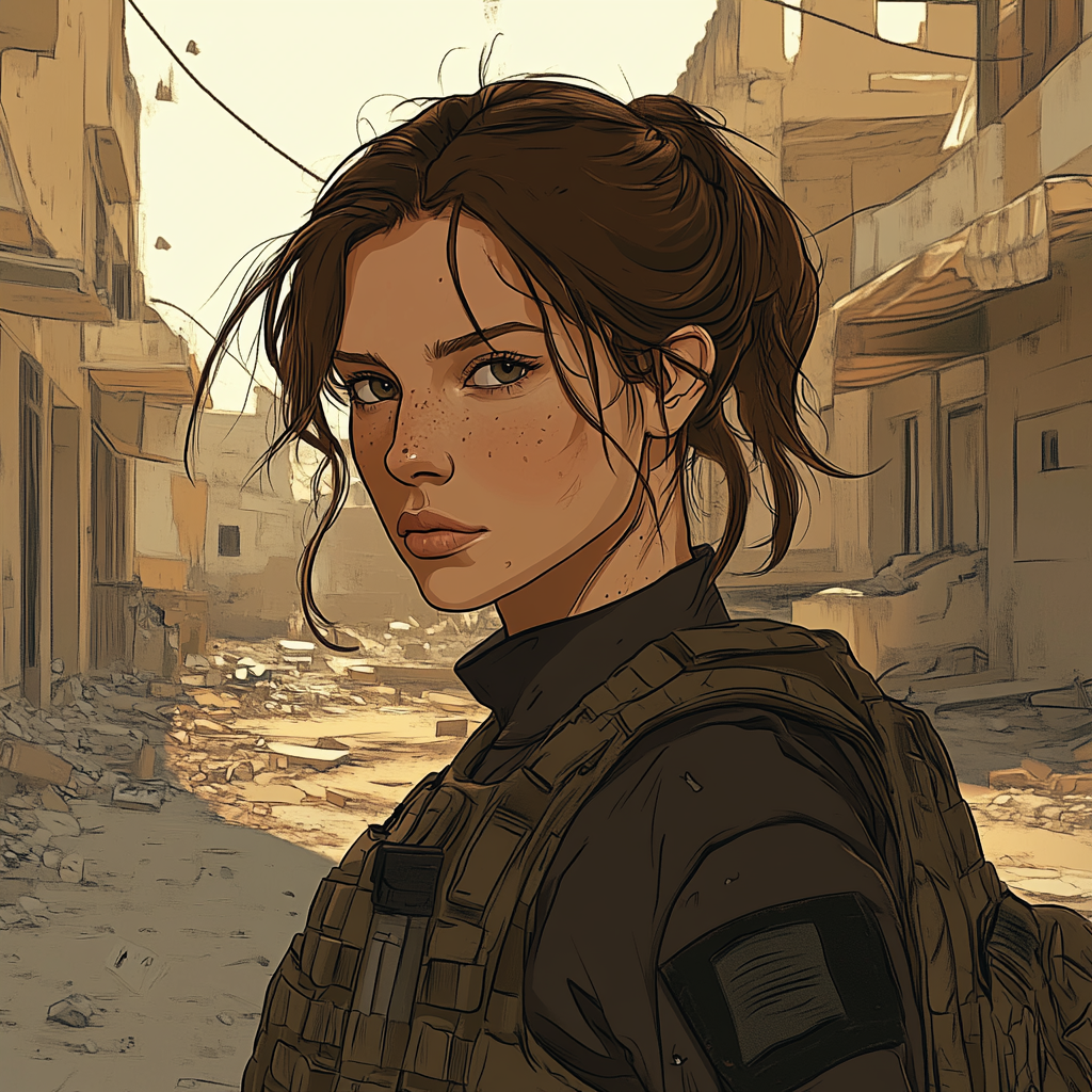 A female soldier in urban desert market place.