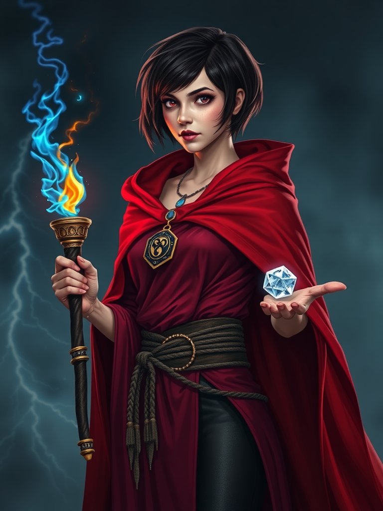 A female sorcerer with dark hair and red cloak holding blue flames and dice at night.