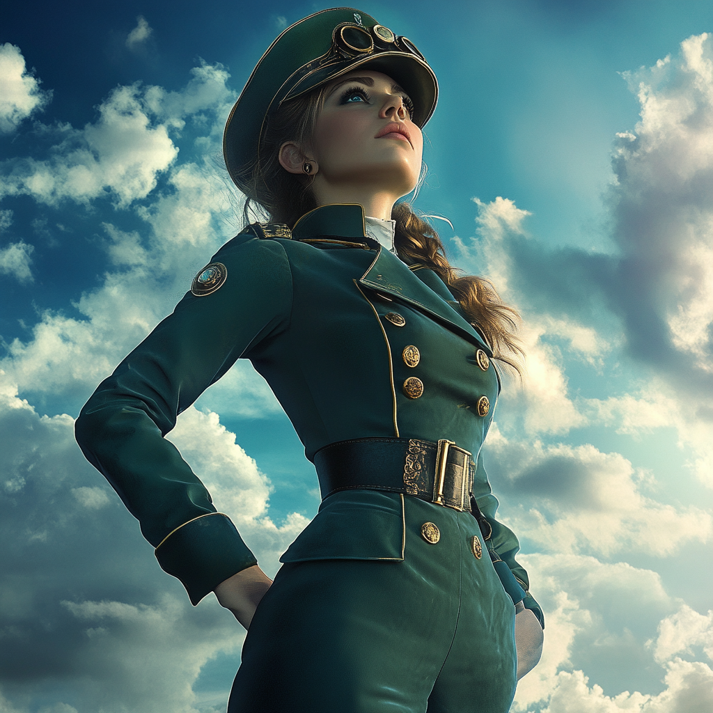 A female steampunk sailor in full green uniform