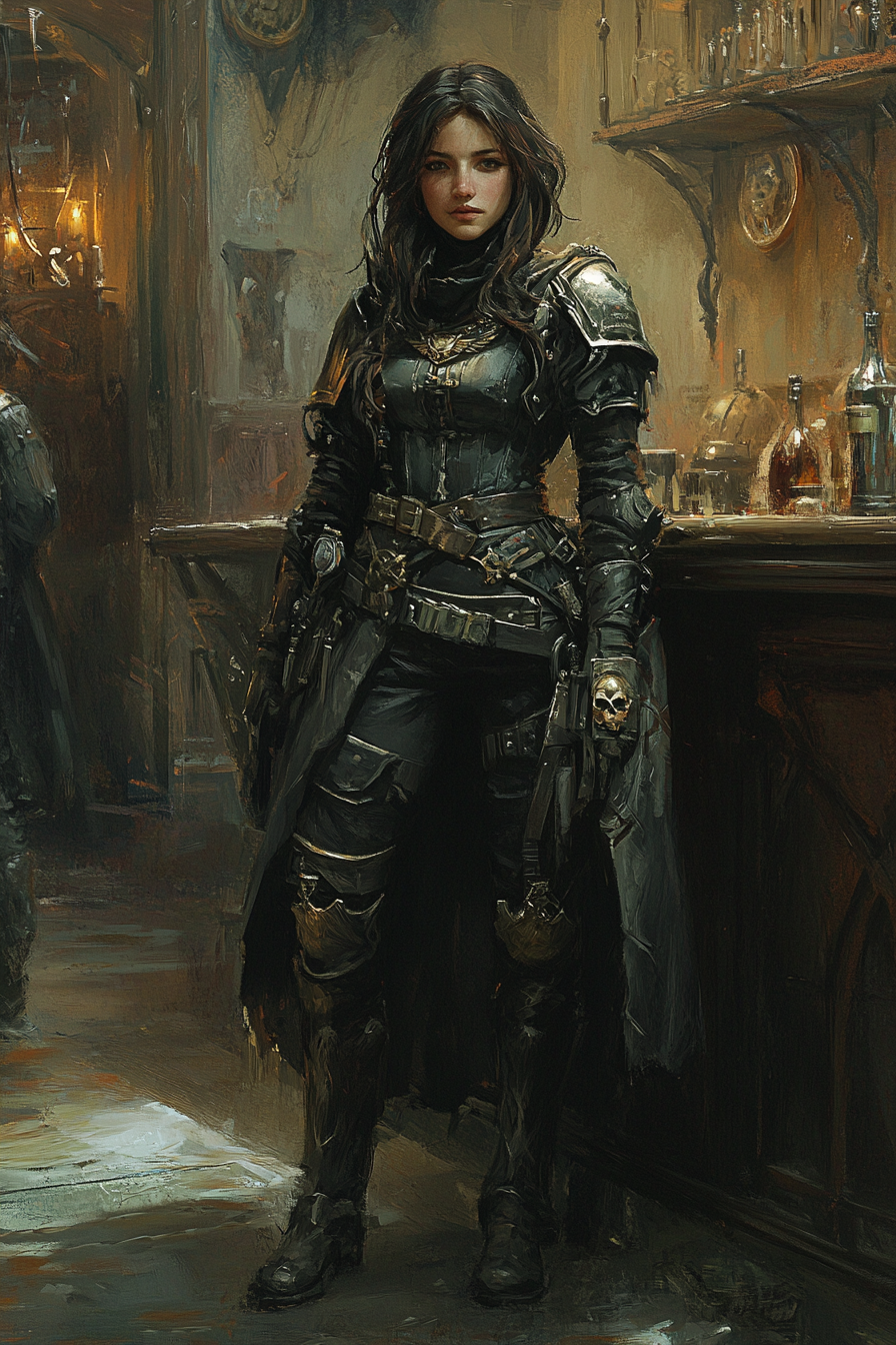 A female warhammer 40k citizen in grimdark outfit.