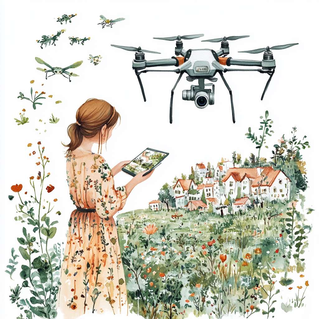 A feminine drone works as a skyline gardener.