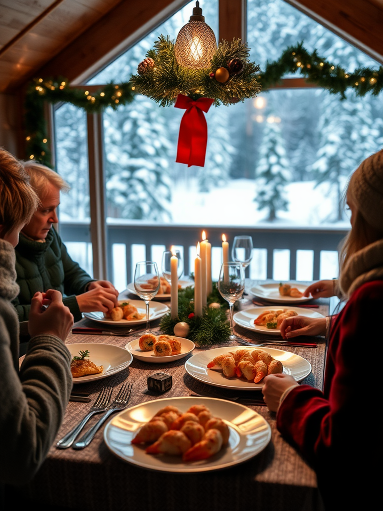 A festive Christmas dinner in Norwegian cabin.