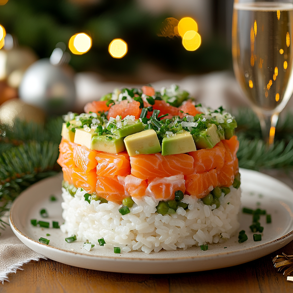 A festive Russian salad with salmon and avocado