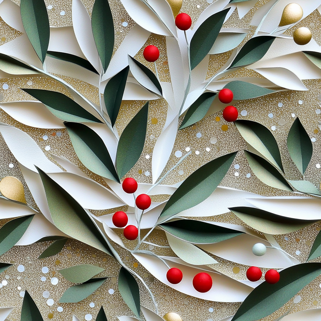 A festive mistletoe paper sculpture on glitter background